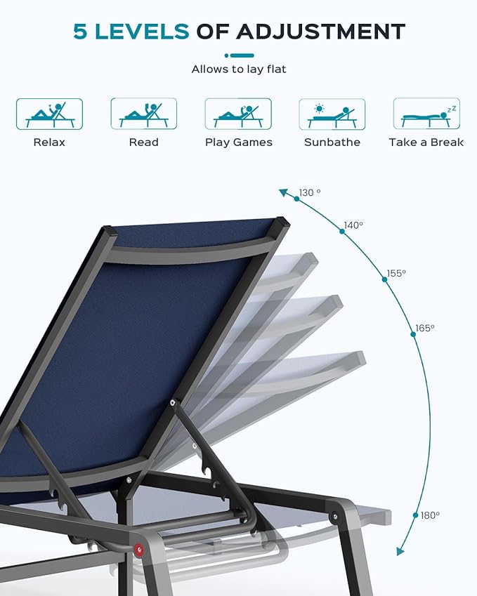 Ciokea Aluminum Chaise Lounge Ourdoor - Foldable & Assemble Free Outdoor Lounge Chair with 5 Adjustable Backrest, Patio Lounge Chair for Outside Poolside Beach Pool, Navy Blue