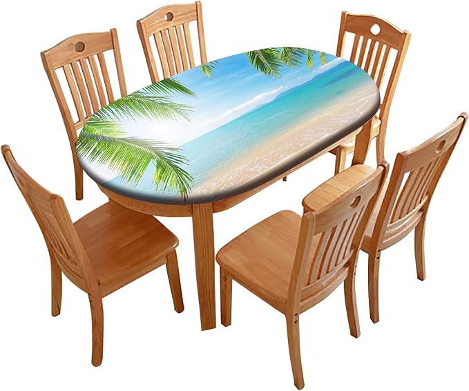 Ocean Oval Fitted Tablecloths, Palm Trees and Ocean Sea Pattern Pring Elastic Edged Table Covers, Fits Tables up to 48" x 68", Wrinkle-Proof Table Cloths Indoor Restaurant Outdoor Terrace Dining Use