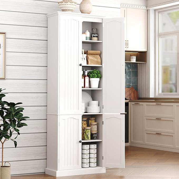 Function Home 72" Kitchen Pantry Cabinet, Tall Wood Storage Cabinet with Doors and Adjustable Shelves, 6-Tier Freestanding Cupboard for Kitchen Dining Room Living Room Bathroom, White