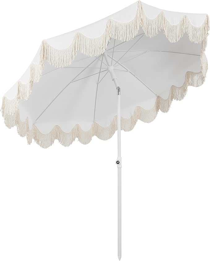 JONATHAN Y Mariner 6.5 ft. Solid Fringe Beach Umbrella, White | Push-Button Tilt, UV 50 Protection, Matching Carry Bag, Iron Pole, Wind Vent, Scalloped Round Canopy