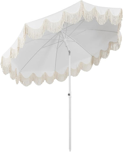 JONATHAN Y Mariner 6.5 ft. Solid Fringe Beach Umbrella, White | Push-Button Tilt, UV 50 Protection, Matching Carry Bag, Iron Pole, Wind Vent, Scalloped Round Canopy