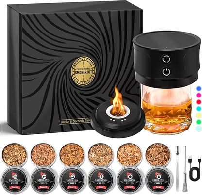 Electric Whiskey Smoker Kit with Lights: Cocktail Infuser with 6 Wood Chips for Whiskey Bourbon Lovers - Old Fashioned Drink Smoker Kits for Drink Mixing Home Bar Party - Gifts for Men Dad Husband