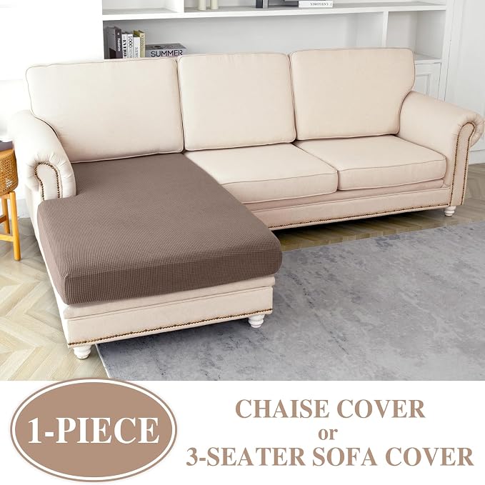 LA MEACK Couch Cushion Cover Chaise Lounge Cover Washable Separate Seat Chaise Couch Cover Stretch Sectional Sofa Slipcover(1 Piece for Chaise or Sofa 3-Seater, Khaki)