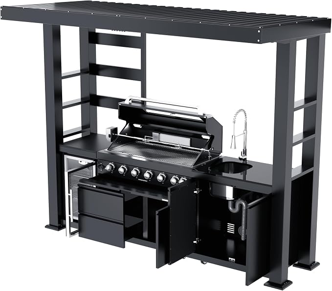 108-Inch 6-Burner 85000 BTU Natural Gas Grill Island with Shed, 304 Stainless Steel Black, 684 Sq.In Cooking Area, Wine Cooler, Rotisserie, Granite Countertops for Backyard BBQ, Black