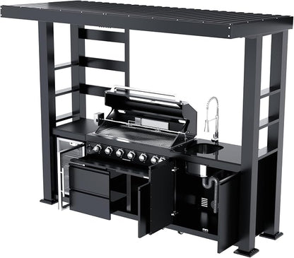 108-Inch 6-Burner 85000 BTU Natural Gas Grill Island with Shed, 304 Stainless Steel Black, 684 Sq.In Cooking Area, Wine Cooler, Rotisserie, Granite Countertops for Backyard BBQ, Black