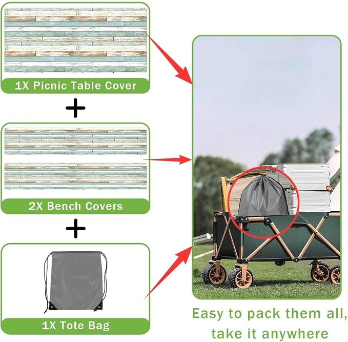 JAWO Teal Rustic Wooden Picnic Table Cover with Bench Covers, Modern Camping RV Essentials Gear Supplies Outdoor Waterproof Windproof Tablecloth with Elastic, 30X96in