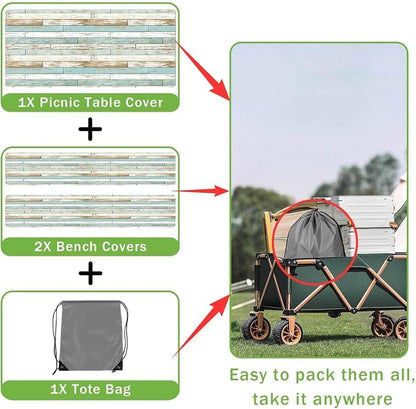 JAWO Teal Rustic Wooden Picnic Table Cover with Bench Covers, Modern Camping RV Essentials Gear Supplies Outdoor Waterproof Windproof Tablecloth with Elastic, 30X96in