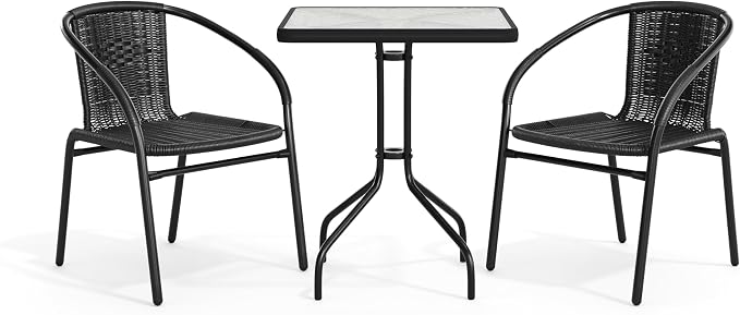 Flash Furniture Lila 23.5'' Square Glass Metal Table with 2 Black Rattan Stack Chairs | Durable Construction, Commercial Use