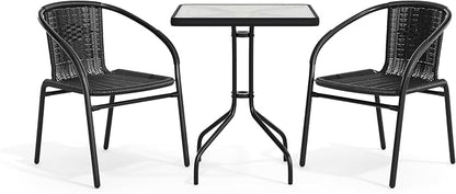 Flash Furniture Lila 23.5'' Square Glass Metal Table with 2 Black Rattan Stack Chairs | Durable Construction, Commercial Use