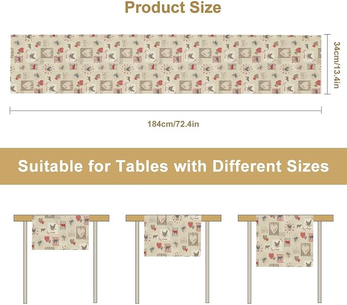 Rustic Farm Animal Table Runner,Vintage Rustic Farm Cow Chickens Country Farmhouse Decorations Runner for Home Kitchen Dining Party Decor,13X70in