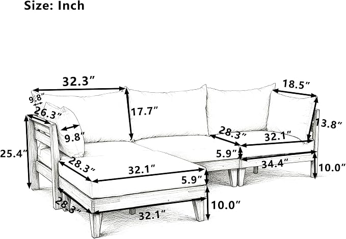 VilroCaz 6-Piece Acacia Wood Outdoor Modular Sectional Patio Sofa Set, Converts to a Daybed, All-Weather Conversation Set with 5 Pillows and 6 Cushions for Backyard, Poolside, Garden