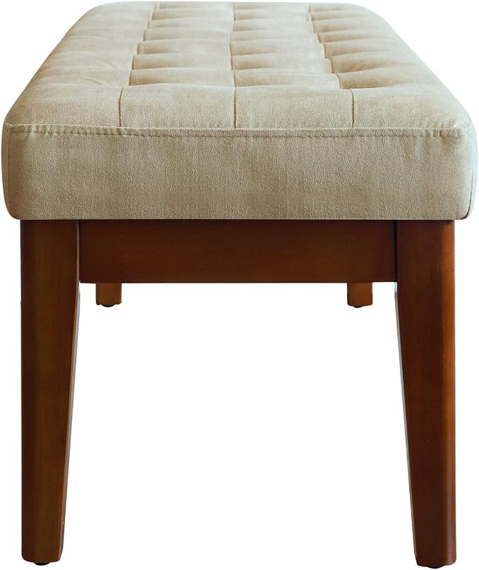 Elle Decor Claire Button Tufted Upholstered Bedroom Bench, Modern Fabric Padded Ottoman with Wooden Legs, Beige
