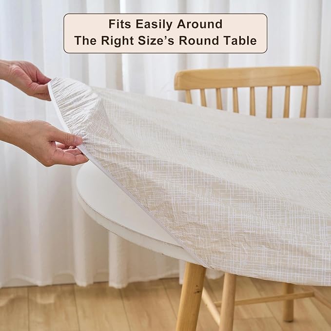 LIBERECOO Round Vinyl Fitted Tablecloth with Flannel Backing Elastic Edge Table Cover Waterproof Stain-Resistant Wipeable Tablecloths Fits 45-56 Inch Round Tables