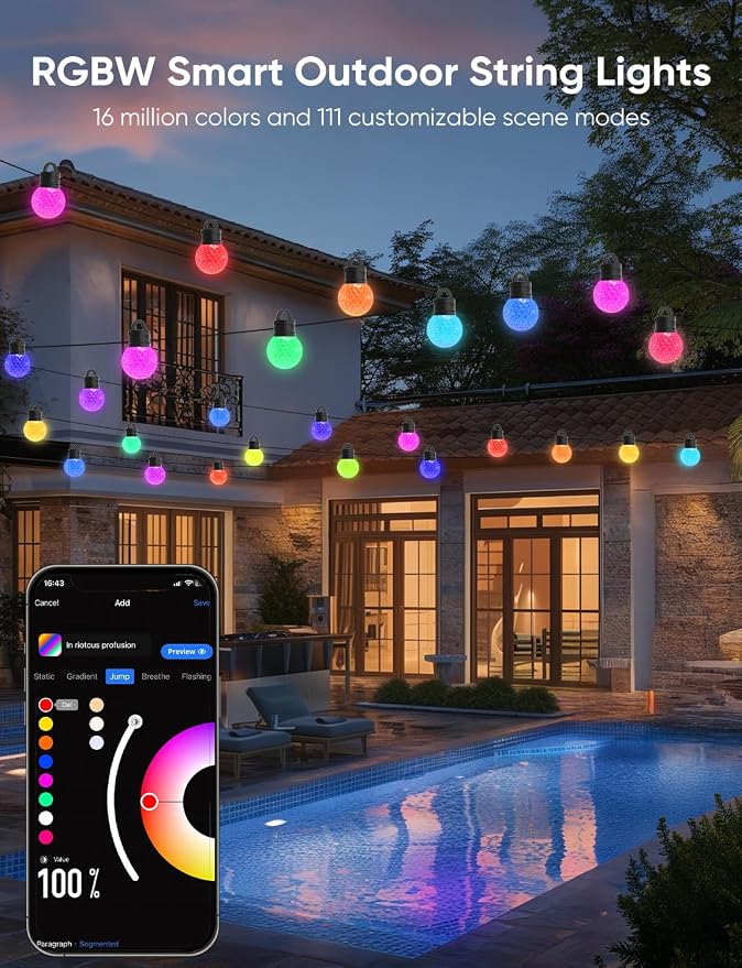 Smart Outdoor String Lights 150ft, RGBW Patio Light with 75 LED Bulb | IP65 Waterproof, 111 Scene Modes, Dimmable Warm White, Individual Control, Music Sync, Compatible with Alexa & Google