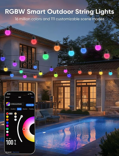 Smart Outdoor String Lights 100ft, RGBW Patio Light with 50 LED Bulb | IP65 Waterproof, 111 Scene Modes, Dimmable Warm White, Individual Control, Outdoor Patio Lights Compatible with Alexa, Google