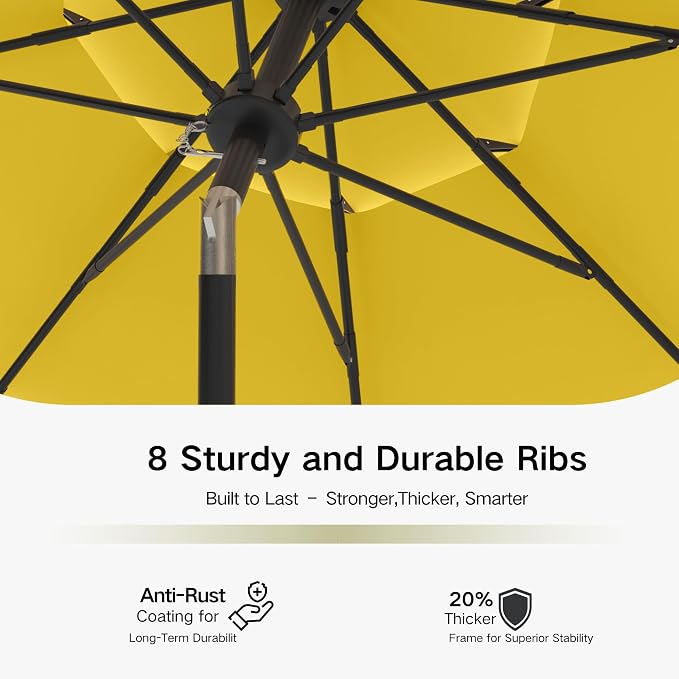Kingdura 9ft 3-Tier Patio Umbrella, Outdoor Table Umbrella with Easy Crank & Tilt, 8 Reinforced Ribs, UV Protection for Deck, Pool, Market, Backyard (Yellow)