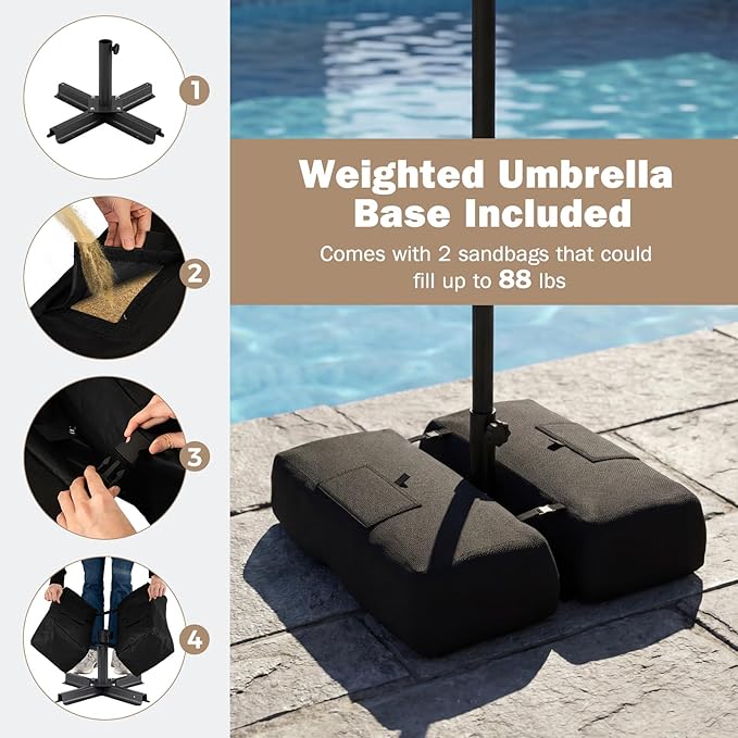 Tangkula 9 FT Patio Umbrella with Base Included, 2-Tiers Outdoor Scalloped Table Umbrella with 2 Sandbags, Tilt Adjustment, Crank, 8 Ribs for Market Backyard Pool Deck Beach Lawn