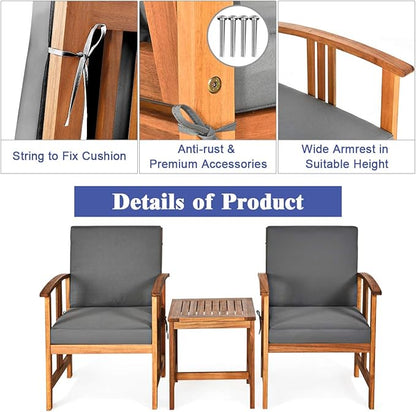 Tangkula 3 Pieces Patio Furniture Set, Includes Set of 2 Outdoor Acacia Wood Cushioned Chairs and Coffee Table, for Garden, Backyard, Poolside, Bistro and Deck, Patio Conversation Chat Set (Gray)