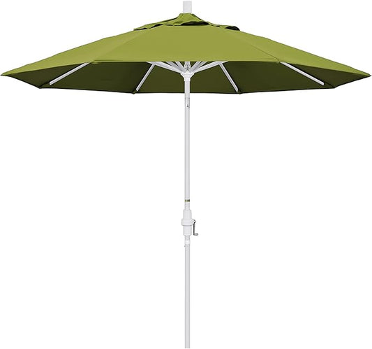 California Umbrella 9' Round Aluminum Market Umbrella, Crank Lift, Collar Tilt, White Pole, Kiwi Olefin