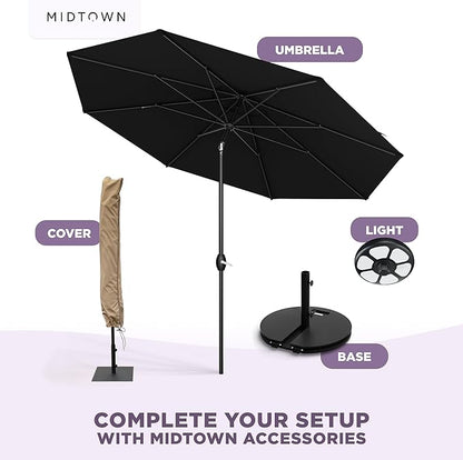 Midtown Umbrellas - 10-Year-No-Fade 6 Ft Patio Umbrella with Terylast Fabric, Auto-Tilt Aluminum Frame and 8 Reinforced Ribs for Deck, Pool, Garden & Beach - Ebony Black Canopy, Black Pole