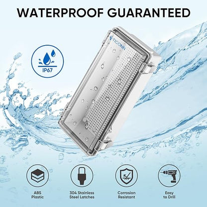TICONN Outdoor Electrical Box Waterproof, Junction Box IP67 ABS Plastic Enclosure with Hinged Cover with Mounting Plate, Wall Brackets, Cable Glands (Clear, 10.2"x4.3"x3.0")