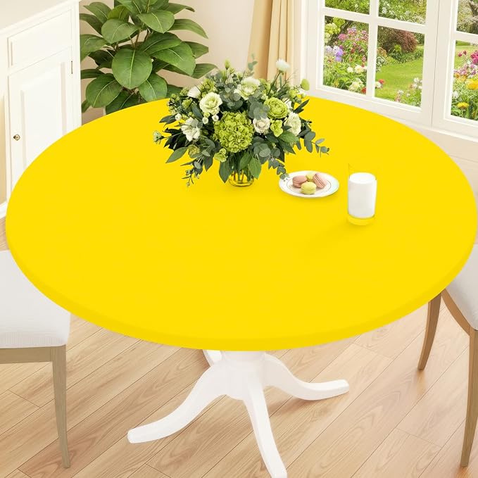 Smiry Round Spandex Tablecloth, Waterpoof Stretch Picnic Table Cover for 45"-56" Tables, Elastic Fitted Washable Tablecloths Dining, Indoor and Outdoor, Yellow