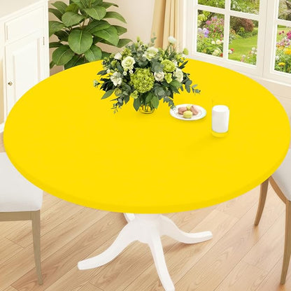 Smiry Round Spandex Tablecloth, Waterpoof Stretch Picnic Table Cover for 45"-56" Tables, Elastic Fitted Washable Tablecloths Dining, Indoor and Outdoor, Yellow
