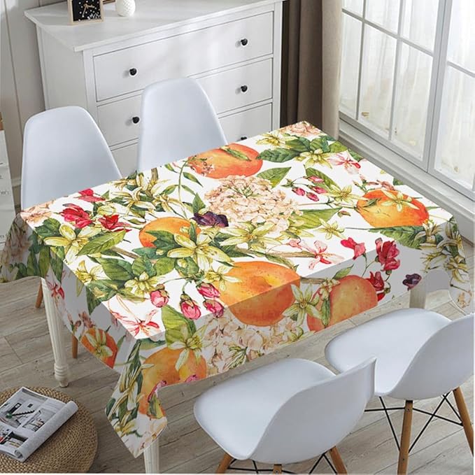 TKS MITLAN Tablecloth Orange Tree Table Cloth Rectangle Table 60 x 84 Inch Watercolor Flower Bloom Leaves Fresh Fruit Harvest Lively Bright Summer Kitchen Decorations for Home Dinner Party