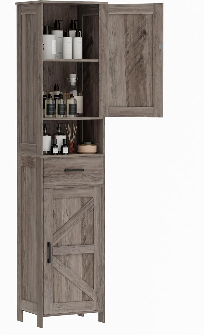 Homhedy 67" H Tall Bathroom Storage Cabinet with Barn Doors and Drawer | Narrow Storage Unit with Adjustable Shelves, Floor Cabinet for Bathroom, Living Room, Entryway or Kitchen, Greige, 15.7" W