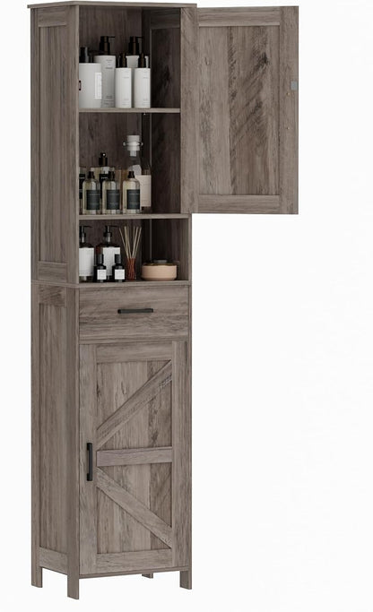 Homhedy 67" H Tall Bathroom Storage Cabinet with Barn Doors and Drawer | Narrow Storage Unit with Adjustable Shelves, Floor Cabinet for Bathroom, Living Room, Entryway or Kitchen, Greige, 15.7" W