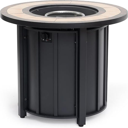 30'' Marble Ceramic Round Propane Fire Pit Table, 50,000 BTU Gas FirePit for Outdoor, Fire Table with Lid, Warmth & Ambience to Gatherings and Parties On Patio Deck Garden Backyard, Black.