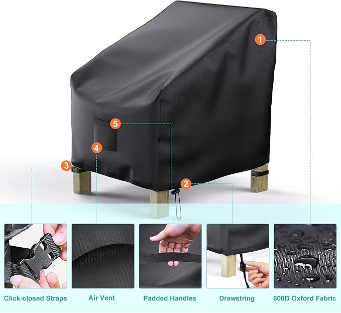 2 Pack Outdoor Patio Chair Covers Waterproof 31"Wx38"Dx30"H, Black | Patio Furniture Covers Protect from Rain, Dust & UV; Heavy-Duty Oxford Fits Lounge, Deep Seat & High Back Chairs on Lawns