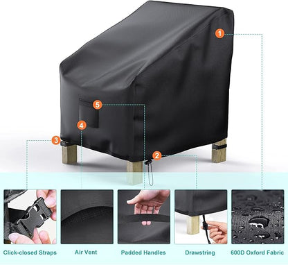 2 Pack Outdoor Patio Chair Covers Waterproof 31"Wx38"Dx30"H, Black | Patio Furniture Covers Protect from Rain, Dust & UV; Heavy-Duty Oxford Fits Lounge, Deep Seat & High Back Chairs on Lawns