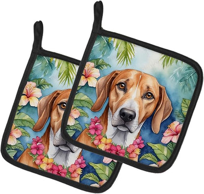 Caroline's Treasures American Foxhound Luau Pair of Pot Holders Kitchen Heat Resistant Pot Holders Sets Oven Hot Pads for Cooking Baking BBQ, 7 1/2 x 7 1/2