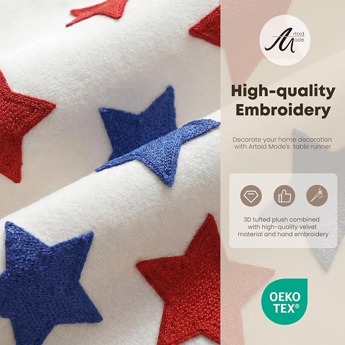 Artoid Mode Soft Chain Embroidery Patriotic Stars 4th of July Table Runner, Memorial Day Kitchen Dining Table Decoration for Home Party Decor 13x72 Inch