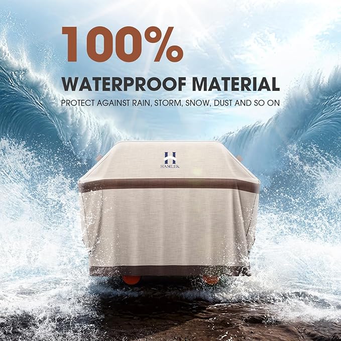 HAMLER Grill Cover 58 Inch, Heavy Duty Waterproof BBQ Covers, Gas Grill Covers Fits Weber Spirit, Weber Genesis, Char-Broil, Nexgrill, Brinkmann, Brown & Beige