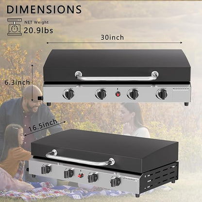 SKOK 4 Burner Gas Griddle with Hood- 30 Inch Outdoor Propane Griddle-60000 BTU Propane Fuelled, Portable Flat Top Gas Grill Camping Griddle with Lid for Kitchen, Outdoor BBQ, Camping