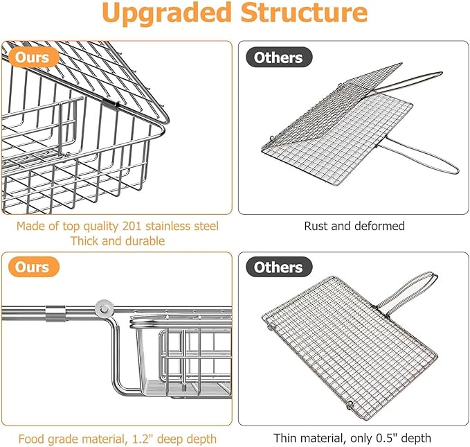 ORDORA Grill Basket Deep, Stainless Steel BBQ Grilling Baskets for Outdoor Grill, Fish Grilling Rack for Veggies, Meat, Shrimps, Grill Accessories with Detachable Handle, Gifts for Dad