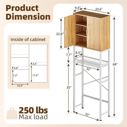 Kalrin Over The Toilet Storage Cabinet with Fluted Wave Doors and Adjustable Shelf, Wood Over Toilet Storage Rack with Drain Basket, Freestanding Bathroom Organizer for Balcony Laundry, Wood & White