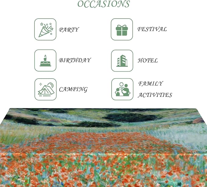 52x70 Inch Oil Painting Rectangle Tablecloth Red Wild Flower Grassland Table Cloth Impressionist Art Washable Durable Table Cover for Dining Garden Atelier BBQ Home Decor