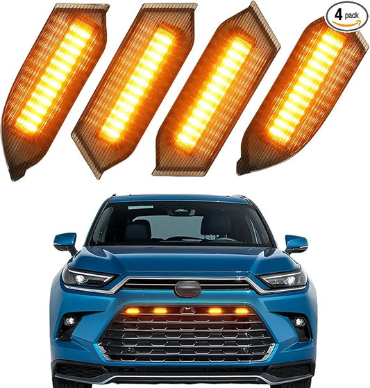 Led Grille Grill Lights for 2024 2025 2026 Toyota Grand Highlander | Amber Upgrade 4 in 1 leds, Xle Limited Hybrid Sport Oem Grills Light Accessories