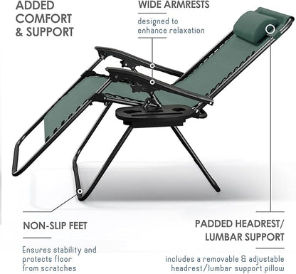 Nestl Zero Gravity Chairs 1 Pk, Portable Patio Lounge Outdoor with Pillows & Cup Holder Trays, Adjustable Steel Lawn Chair for Deck, Beach - Forest Green