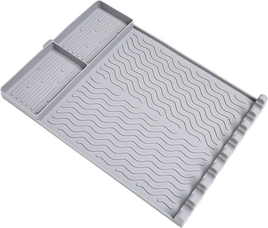 Full-Size Silicone Griddle Mat for Flat Top Grills, Heat Resistant Spatula Holder with Grease Drip Pan, Outdoor Cooking Counter Protector, Gray