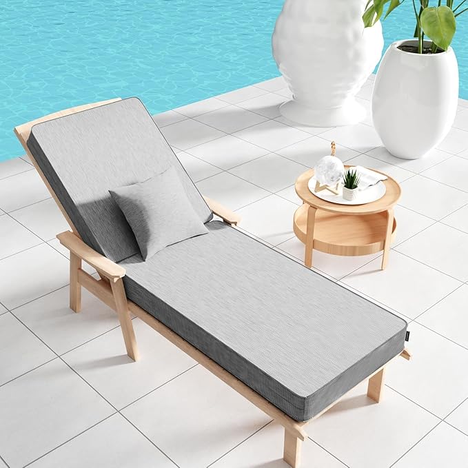 Outdoor Water-Resistant Olefin Chaise Lounge Cushions with Pillow, Weather and Fade Resistant Patio Furniture Lounge Chair Cushion Ideal for Patio, Lawn, Garden, Light Gray, 80"L x 26"W x 5"T
