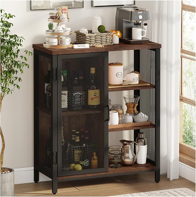 Coffee Bar Cabinet for Home Liquor, Small Storage Cabinet for Kitchen and Entryway, Farmhouse Industrial Buffet Sideboard Credenza with Adjustable Shelves (Rustic Oak)