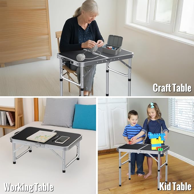 GARLLEN 2ft Folding Camping Table Max Capacity 66lbs, 3-Height Adjustable Picnic Table with MDF Tabletop, Lightweight Aluminum Folding Outdoor Tables for Grill, Travel, Picnic, 22.8" L x 15.7" W