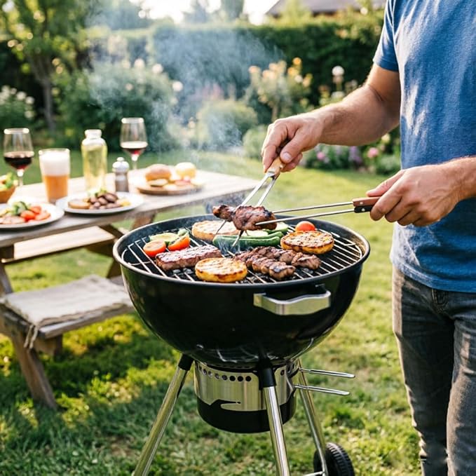22 Inch Grill with Thermometer, Portable Charcoal BBQ for Outdoor Backyard, Steel Construction with Wheels & Ash Collector, Classic Black
