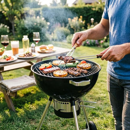 22 Inch Grill with Thermometer, Portable Charcoal BBQ for Outdoor Backyard, Steel Construction with Wheels & Ash Collector, Classic Black