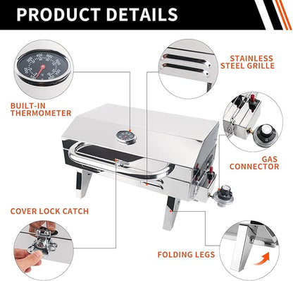 Boat Grill, 304 Stainless Steel Marine Grills w/Rod Holder Mount, Heat-Resistant Handle, Portable Propane BBQ for Boats & Tailgating & Camping, Built in Thermometer