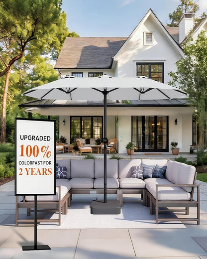 GDPFN 15FT Large Patio Umbrella with Base Included, Outdoor Deck Standing Umbrella with Crank Handle, Double-Side Rectangular Pool Umbrella for Outside, Market, Patio, Light Gray